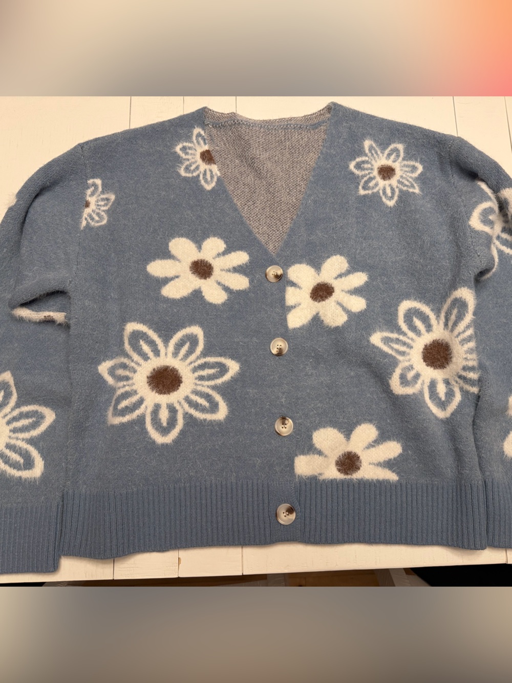Blue Floral Knit Cardigan Sweater